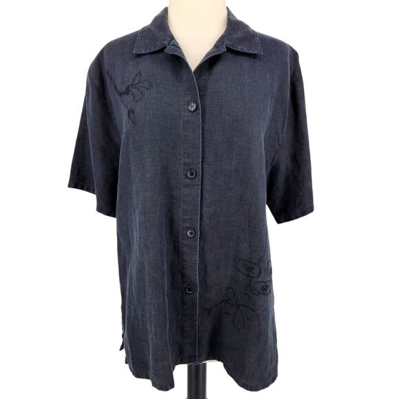 Vintage John Paul Richard Black Linen Embroidered Button-Up Top Sz Medium - Picture 1 of 7